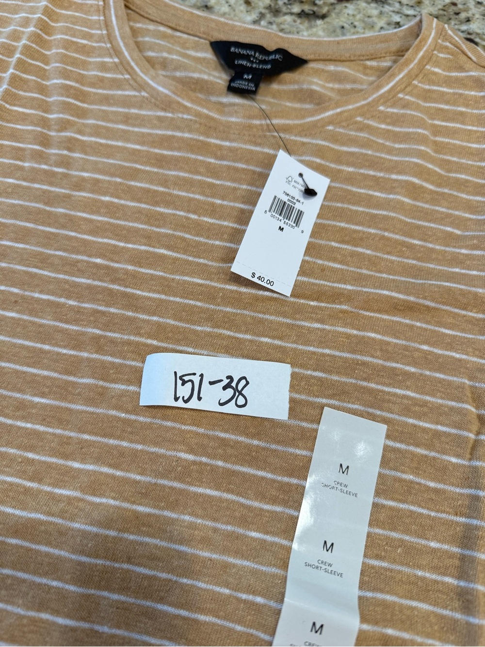 Banana Republic Factory linen blend tan white striped tee SZ M - Picture 12 of 12